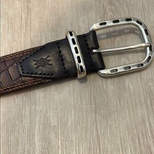 Brown and Black Leather Belt with Silver Buckle
